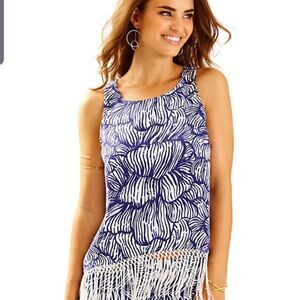 Lilly Pulitzer sonya fringe tank top blue&white XS